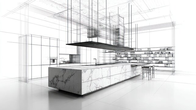 Architectural sketch showcasing a modern kitchen design with a marble island and overhead feature