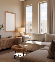 Fototapeta premium Modern living room interior with neutral sofa and natural light