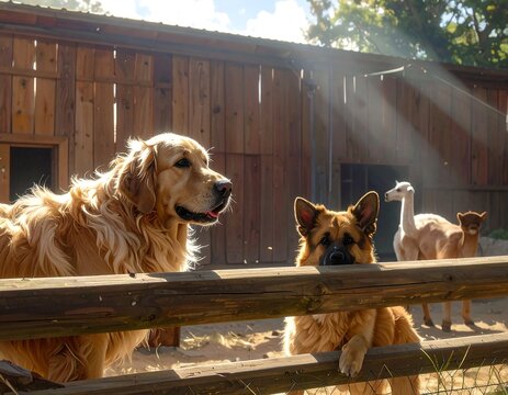 Sunny exterior scene depicting two dogs gazing from behind a rustic wooden fence with llamas and a barn backdrop
