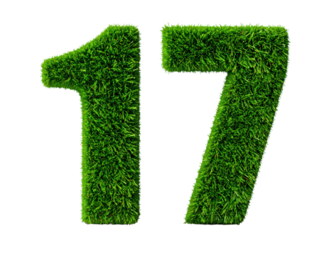Seventeen made of fresh grass for St. Patrick's Day, golf course design, and eco-friendly concepts with transparent background