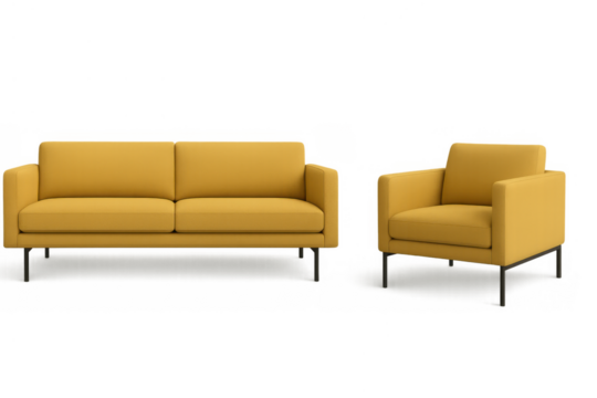 Yellow sofa and armchair set displaying modern living room furniture, comfortable design with transparent background