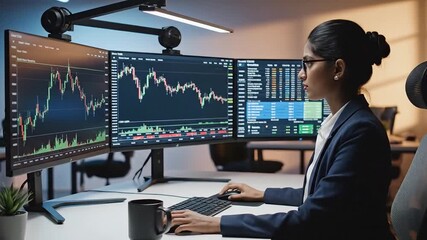 Dedicated professional utilizing advanced multi-monitor setup to meticulously analyze complex financial market data, enabling informed investment decisions and strategic business development - Powered by Adobe