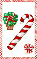 Christmas candy cane and festive cupcake illustration with copy space 
