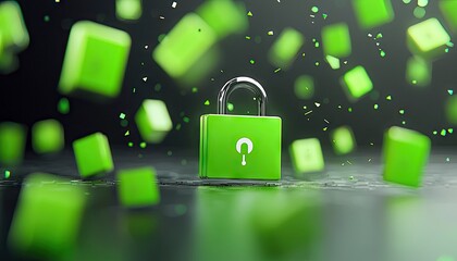 A green padlock with a logo, surrounded by floating green cubes, symbolizing data security and digital protection against cyber threats.