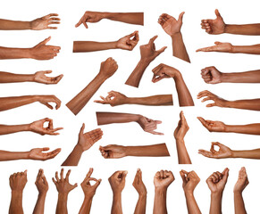 Hand gestures. African-american man showing arm on white background, closeup