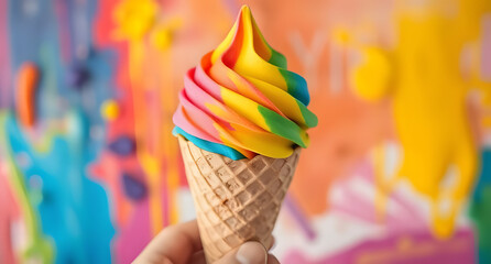 A colorful close-up of a hand holding a waffle cone topped with rainbow-swirled soft serve ice cream. The ice cream includes vivid hues of yellow, pink, green, and blue.
