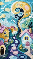 A vibrant, artistic depiction of a winding path leading through a charming village with uniquely shaped, colorful houses under a swirling, dreamlike sky with cl