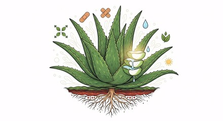 Obraz premium Aloe vera plant illustration with healing elements and white background