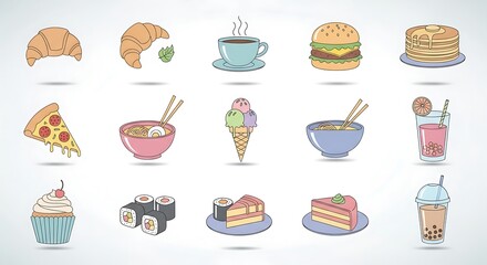 Assortment of food icons croissant coffee burger pizza ice cream and more