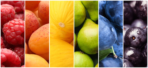 Fototapeta na wymiar Collage with different fresh fruits and berries
