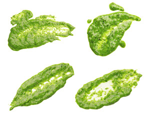 Set of fresh pesto sauce isolated on white, top view