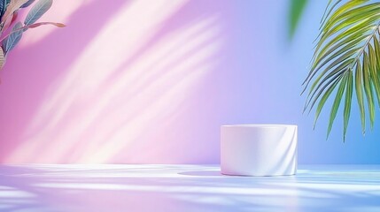 A clean white cylinder pedestal sits on a reflective surface, bathed in soft, diffused light with dappled shadows from tropical leaves. The background transitio
