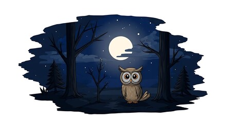 Cartoon owl in a moonlit forest illustration night scene isolated