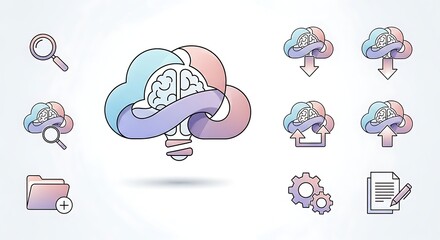 Conceptual brain cloud technology icons idea generation and data processing