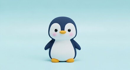 Cute cartoon penguin character in a playful pose against a soft blue background