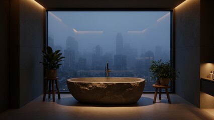 Relaxing evening in a modern bathroom with a stunning city view at twilight