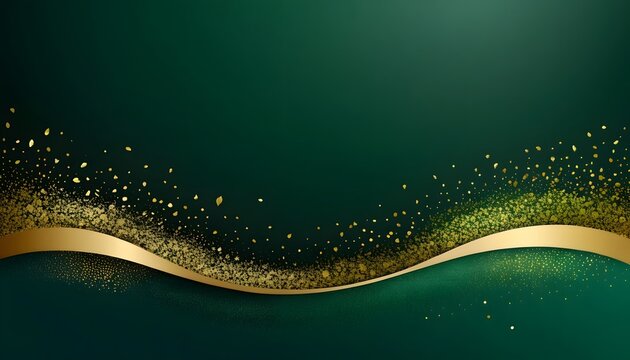 Elegant abstract green background with a luxurious golden wave and shimmering glitter particles, a sophisticated and modern design for banners and presentations