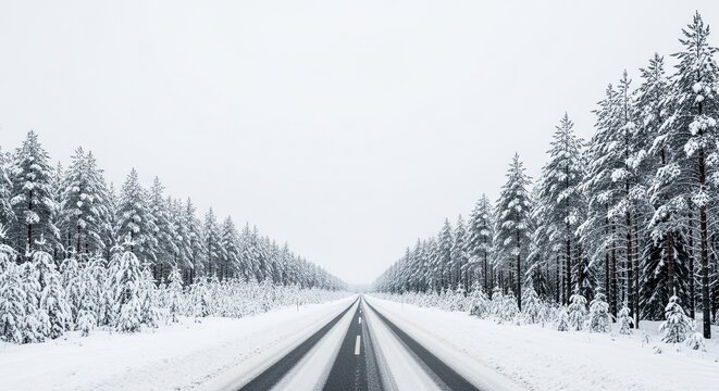 Drive into winter wonderland with snow-covered evergreen forest flanking the road, capturing serene travel and peaceful escape, perfect for holiday or nature themes