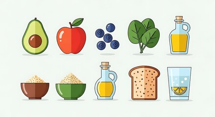 Healthy food assortment avocado apple berries spinach and more