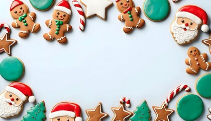 Festive Christmas Cookies Border on a Light Blue Background, Featuring Gingerbread Men, Santa Claus, Candy Canes, and Christmas Trees