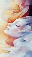 Close-up profile of a woman's face with closed eyes, surrounded by flowing, abstract shapes in pastel colors. Soft, ethereal lighting.