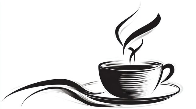 Monochrome illustration of a coffee cup with steam rising, a saucer, and flowing decorative lines