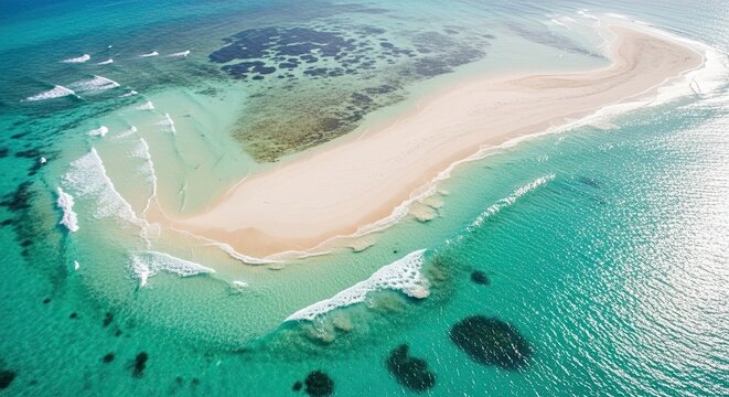 Discover paradise with this aerial view of a pristine white sand beach meeting the turquoise sea, perfect for travel inspiration and stunning coastal visuals