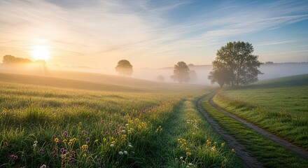 Obraz premium Stunning sunrise illuminates tranquil meadow with wildflowers and misty trees, perfect for inspirational nature scenes and serene countryside escapes