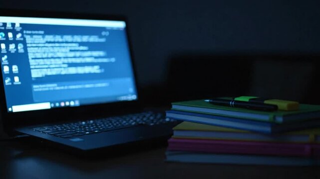 Laptop displaying a financial chart and stack of colorful notebooks on a dark desk