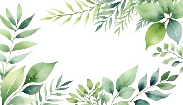 A gentle and delicate watercolor frame adorned with fresh green leaves, perfect for adding a touch of nature to any design project