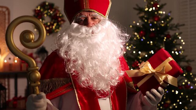 Saint Nicholas with crozier and gift in room decorated for Christmas. Camera moving forward