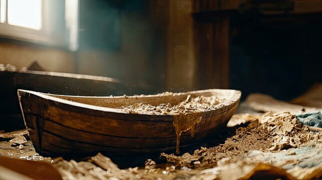 A close-up view of a rustic wooden boat, partially filled with dirt and debris, with liquid dripping from its side. The scene is set indoors in a workshop, illu - Powered by Adobe
