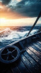 Close-up of a weathered wooden ship's wheel on the deck of a sailing vessel, navigating through choppy ocean waves under a dramatic sunset sky with dark clouds.