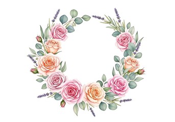 Watercolor floral wreath design with pink and orange roses on white background