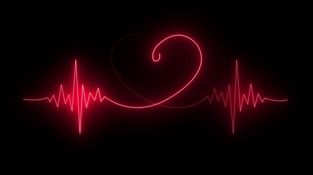 Neon heart beat ECG EKG animation with glowing heart icon on dark background