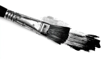 Fototapeta premium A grayscale close-up shows a paintbrush creating a stroke of dark paint on a blank white canvas