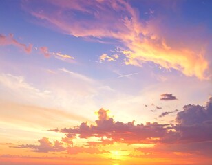 Fototapeta premium A vibrant, colorful sky displaying sunset clouds in hues of orange, pink, and yellow against a blue background