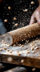 Close-up of a person's hands using a rolling pin to shape a wooden log, creating sawdust that flies into the air. The scene is outdoors with natural lighting.