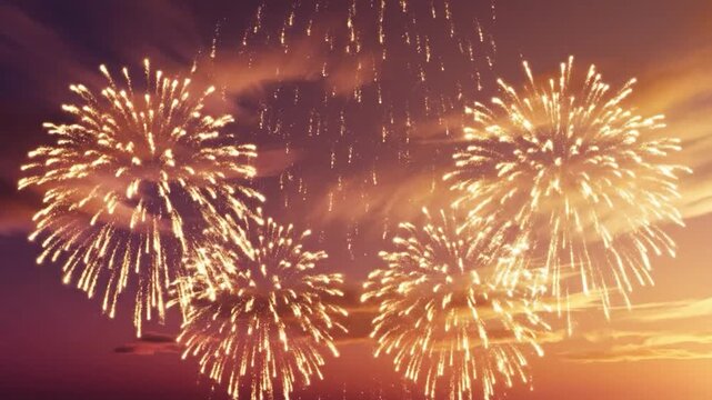 Golden fireworks exploding against a vibrant sunset sky