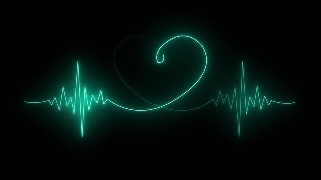 Neon heart beat ECG EKG animation with glowing heart icon on dark background