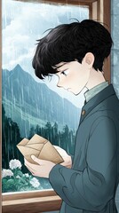 A young adult male with dark hair holds a folded letter while looking out a window at a rainy mountain landscape. The mood is melancholic and contemplative.