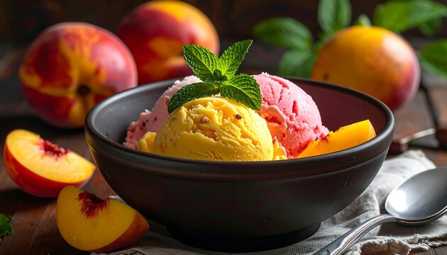 Close-up of ice cream scoops, fruit slices, and fresh mint in a dark bowl, with peaches arranged