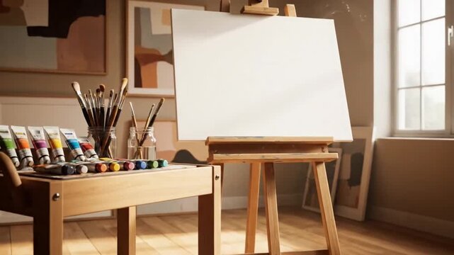 A bright art studio features an empty canvas on an easel, ready for artistic expression.