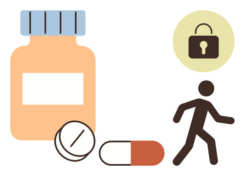 Large pill bottle with tablets and capsule beside walking figure and lock icon above. Ideal for healthcare, patient safety, controlled substances, pharmacy security, addiction awareness, safety