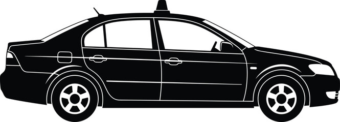 Black sedan car silhouette, vector illustration of side view auto, isolated transportation icon on white background, taxi or police. © Hey world