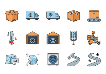Cold Chain Logistics and Refrigerated Transport Icon Set.