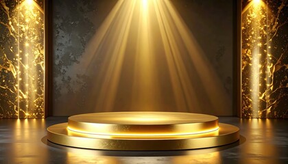 An elegant golden stage with a spotlight. The stage is beautifully illuminated, with a grand and luxurious feel