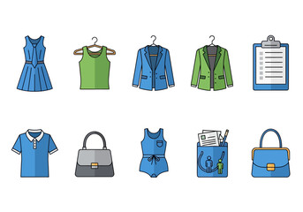 Vector collection of colorful flat line icons for clothing and business.