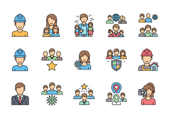 People and community icon set with family work and health concepts.