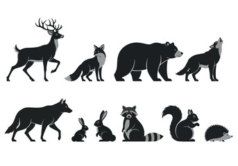 Collection of forest animals in flat vector style.